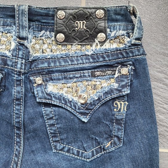 Miss Me Signature Rise Boot Cut Blue Jeans Sequin Western Embroidered Denim 27 - Picture 12 of 13